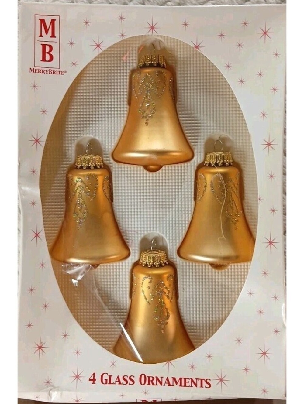 4 - VTG Merry Brite Glass Gold Christmas Bell Ornaments Made in USA NEW IN BOX